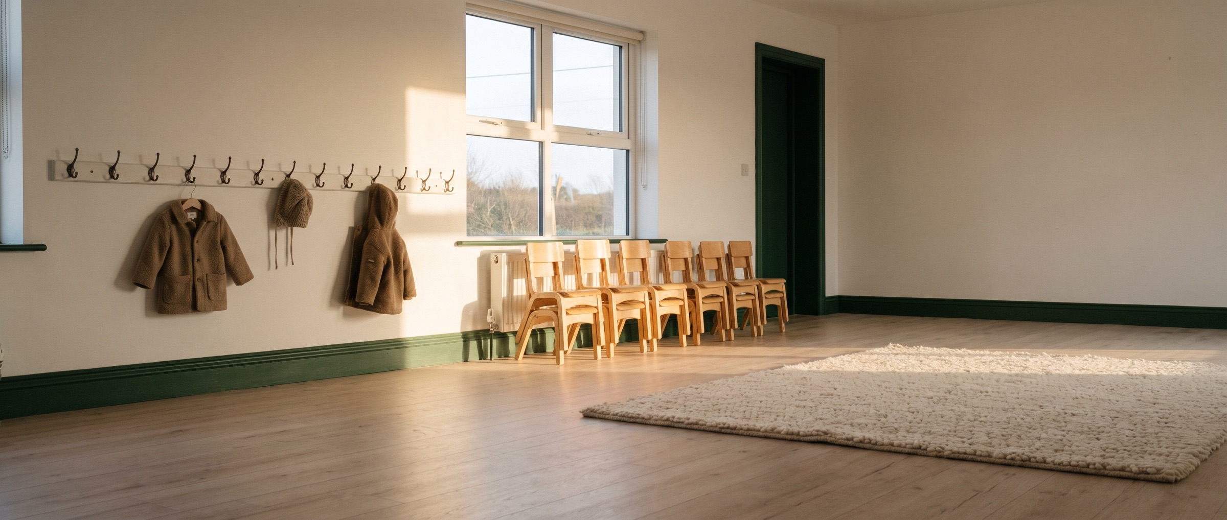 An empty creche room before opening, with low morning sun across a timber floor and small chairs stacked by the wall.