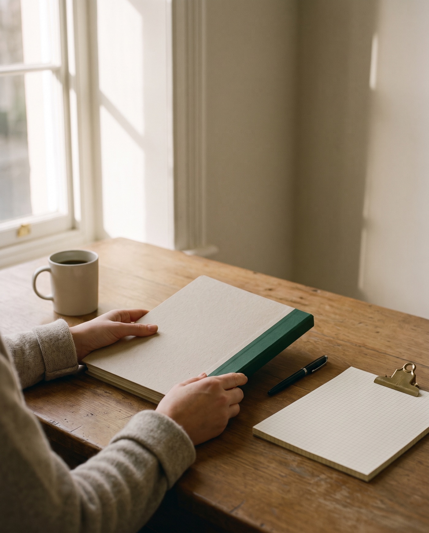A creche manager closing a green ledger at a wooden desk in morning window light, a notepad and pen set aside.